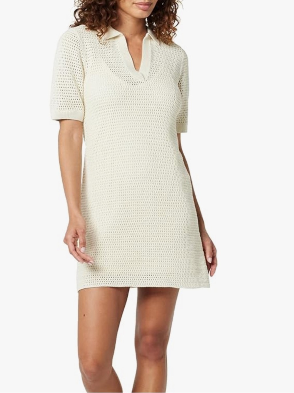 Cream Knit Polo Mini Dress - Women's Casual Sweater Dress